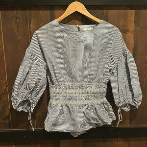 Mango Women Blue Striped Cinched Waist Pure Cotton Top Size M